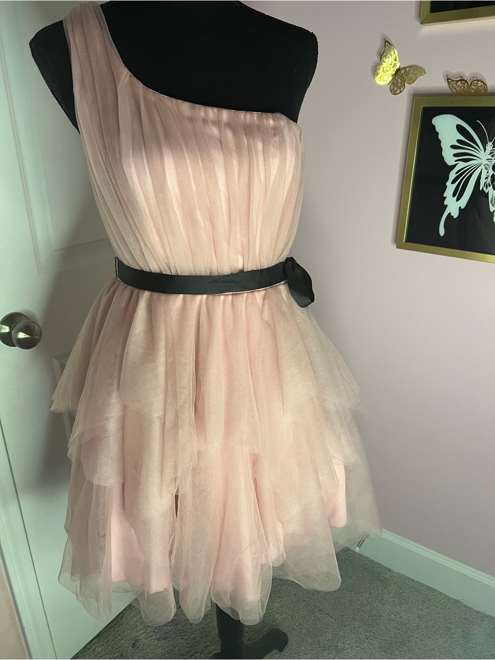 City Studio One-Shoulder Blush Pink Tulle Dress with Black Sash